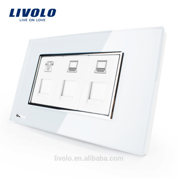 US/AU Standard White Pearl Crystal Glass panel Livolo Luxury 3 gang TEL+COM+COM SocketVL-C391TCC-81